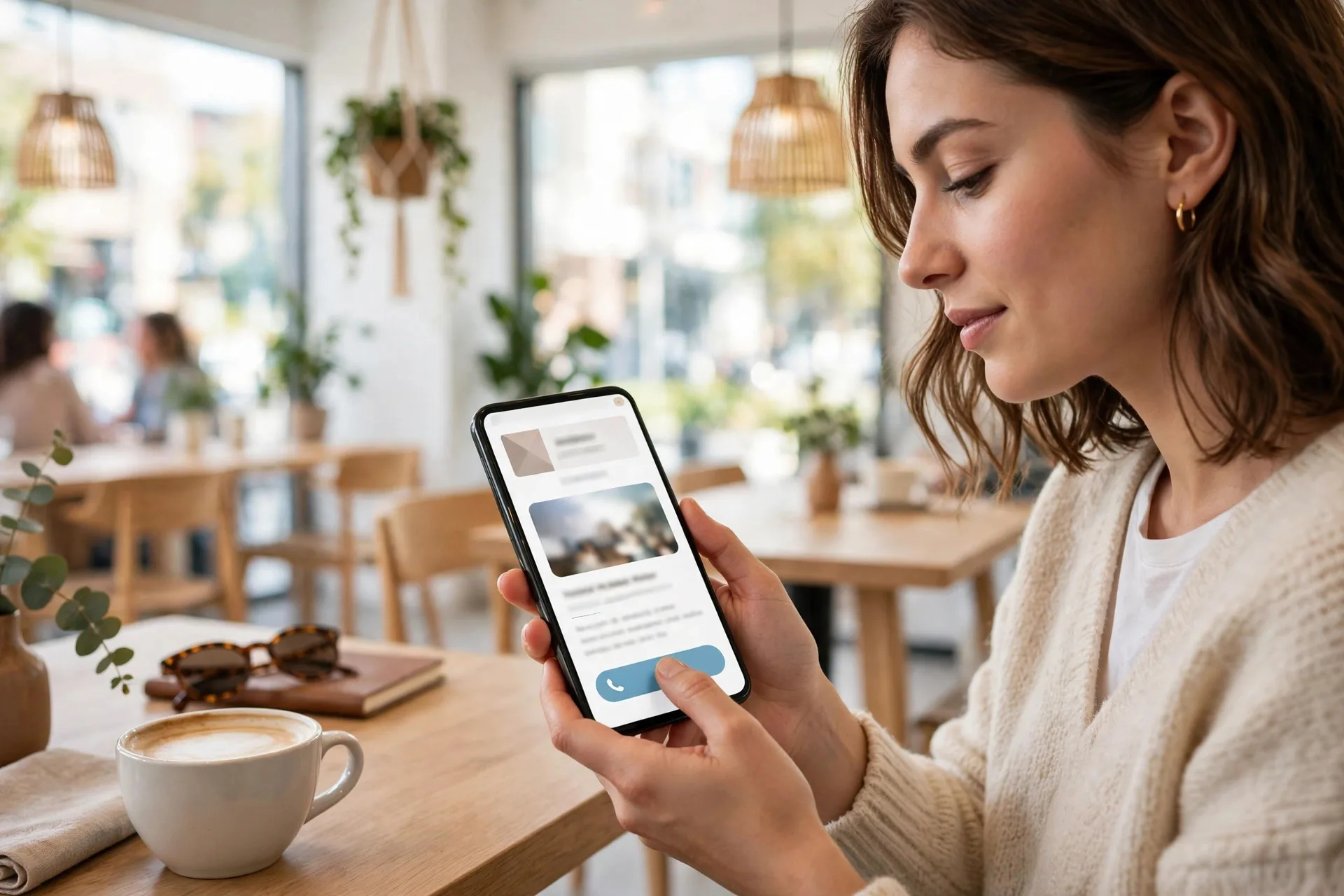 Customer browsing a small business website on a smartphone in a bright cafe, tapping a clear call button
