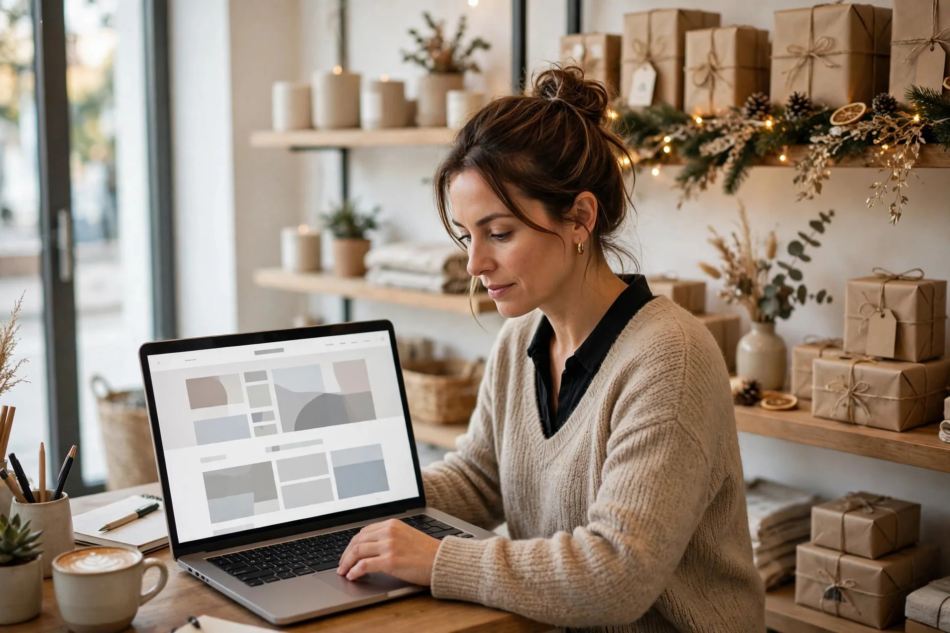 Small business owner reviewing a holiday-ready website on a laptop with subtle seasonal decor in a bright shop.