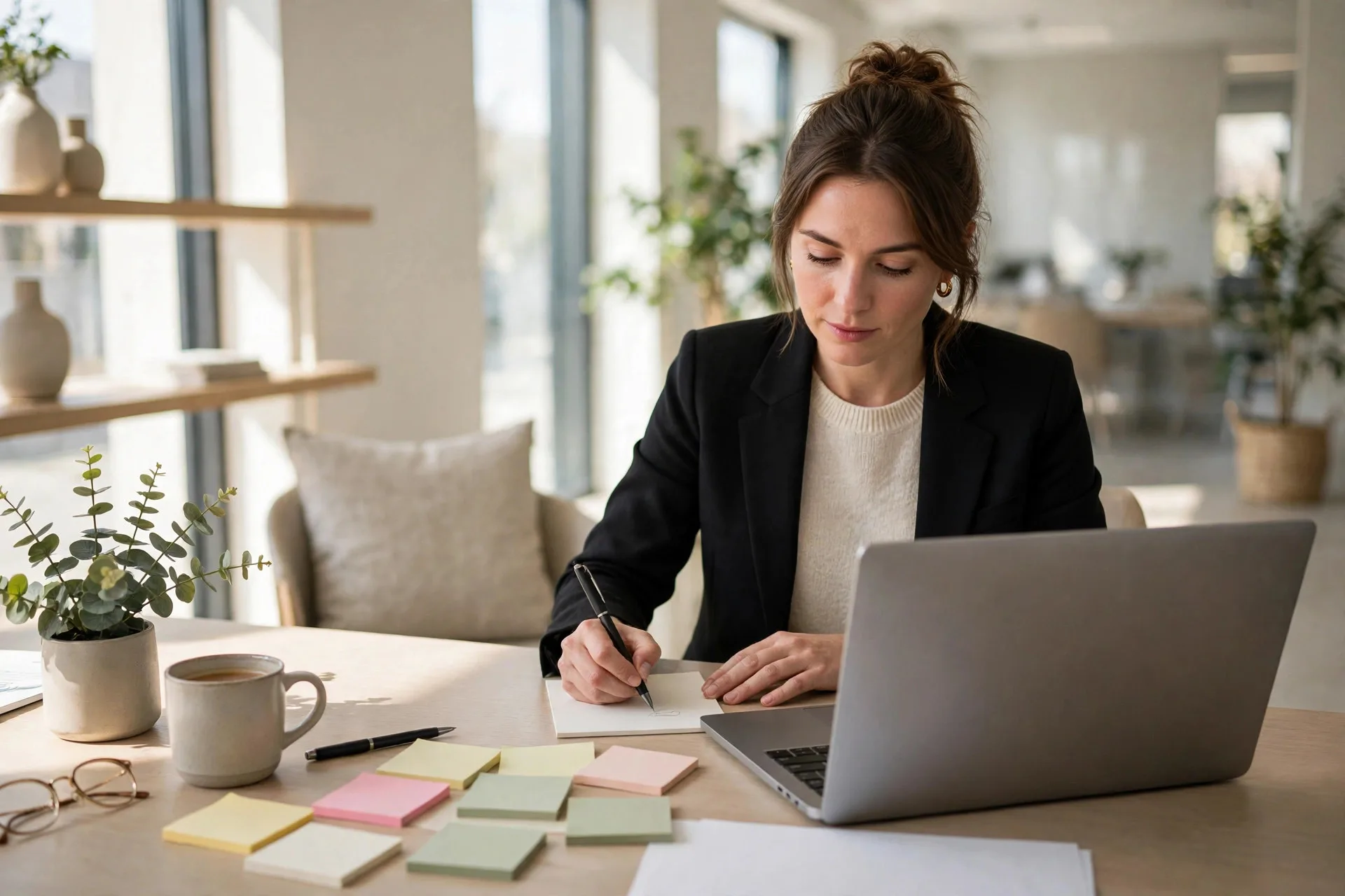 Business owner writing website copy notes beside a laptop in a bright modern office