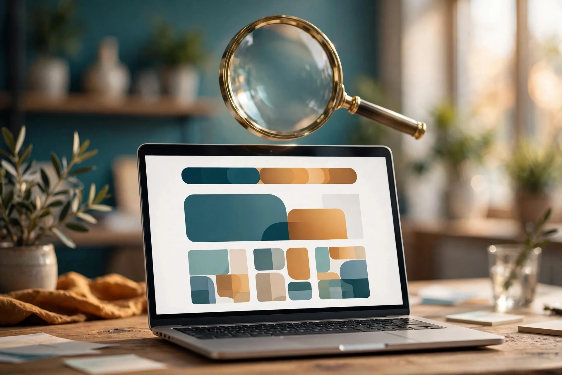 Magnifying glass over a laptop screen showing a website homepage layout — symbolizing a website audit