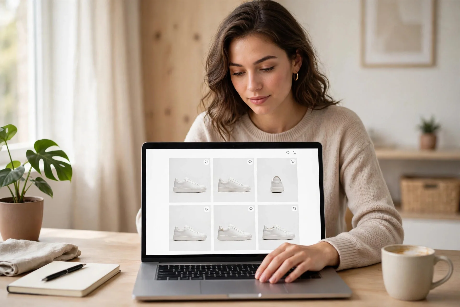 Online shopper reviewing a clear product page with large product photos on a laptop in a bright home office