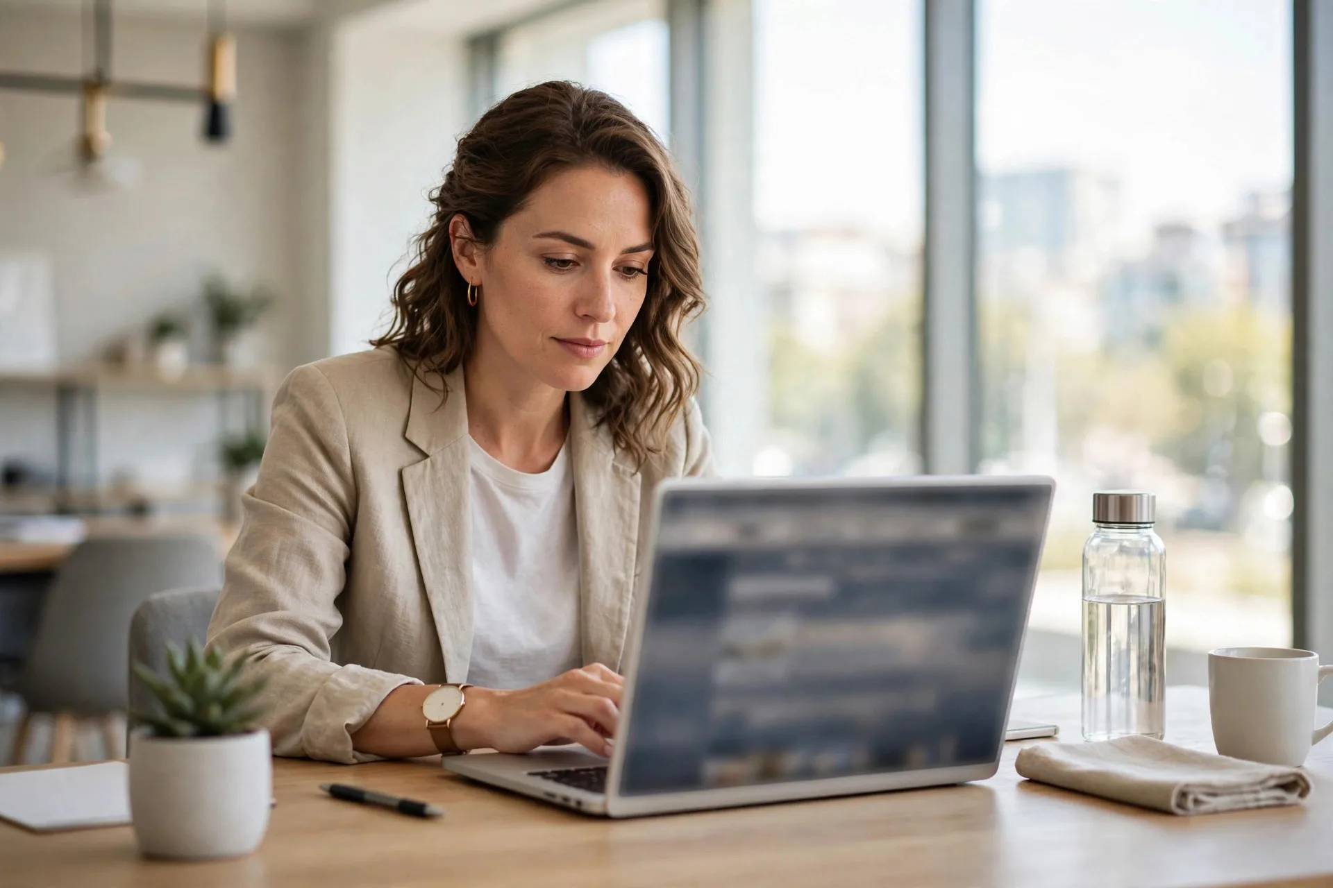 Business owner reviewing website contact form enquiries on a laptop in a bright modern office