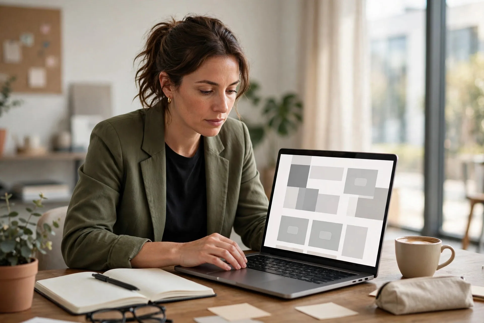 Business owner reviewing a landing page layout on a laptop in a bright office