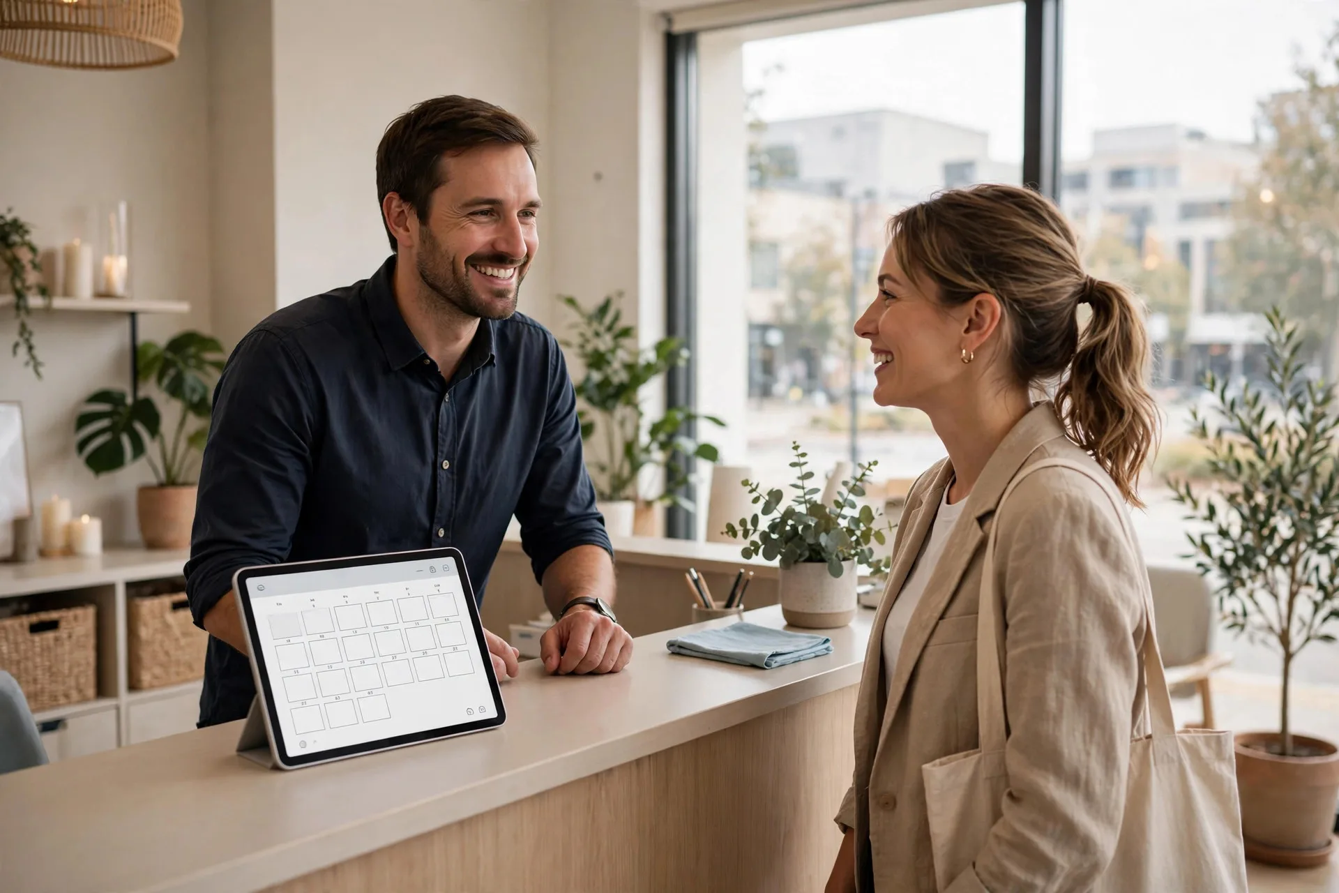 Service business owner greeting a client at a reception counter with a tablet showing a booking calendar