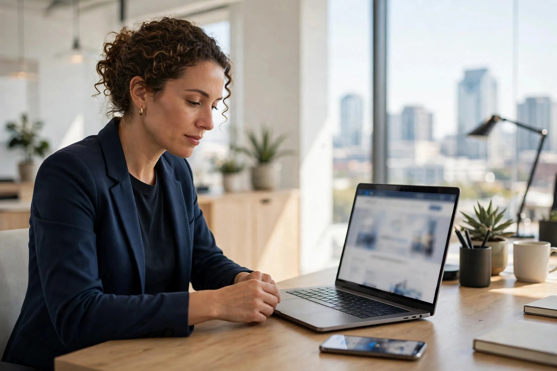 Business owner reviewing her company website on a laptop and phone in a bright Charlotte office