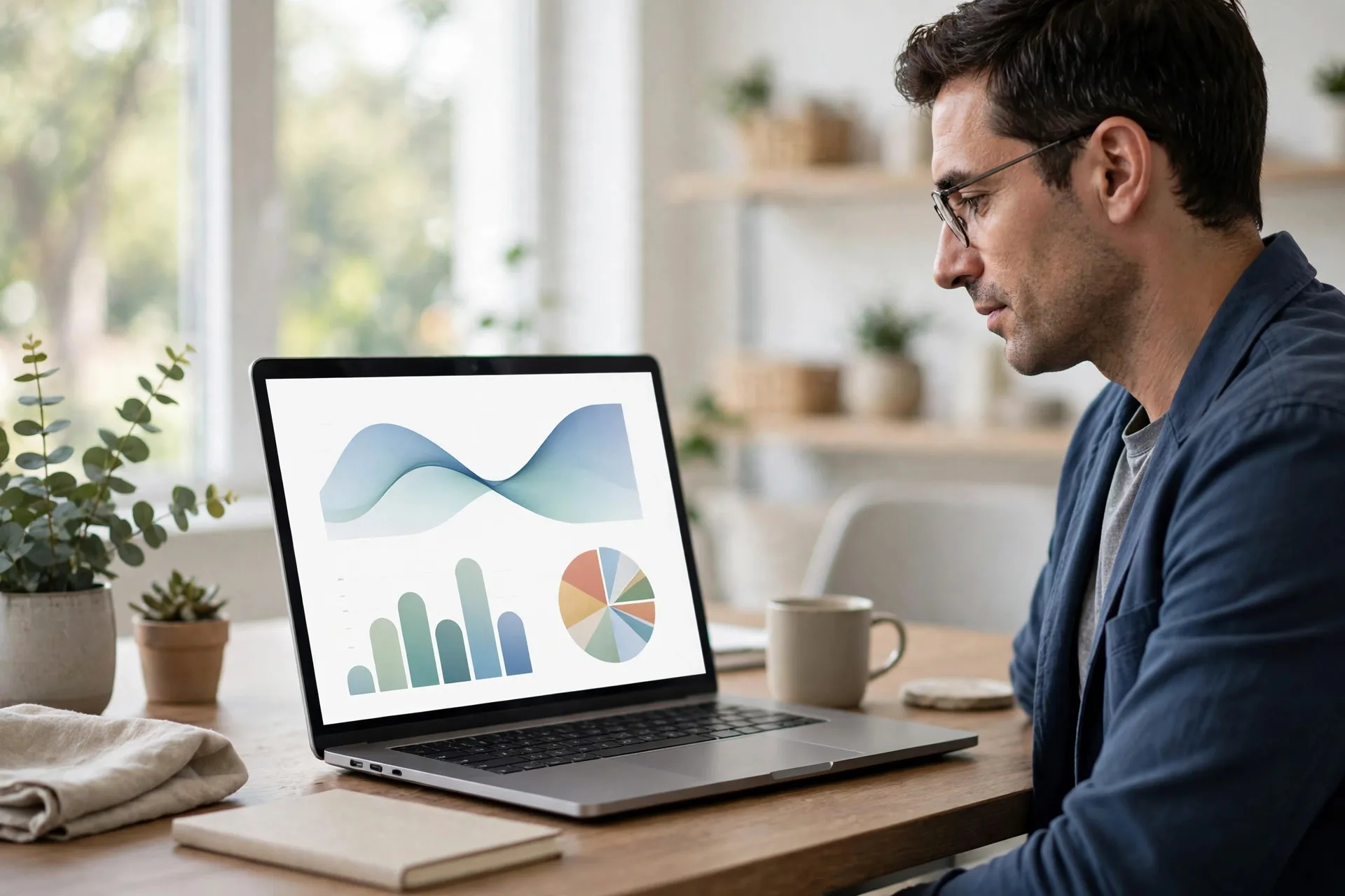 Small business owner reviewing website analytics charts on a laptop in a bright modern office