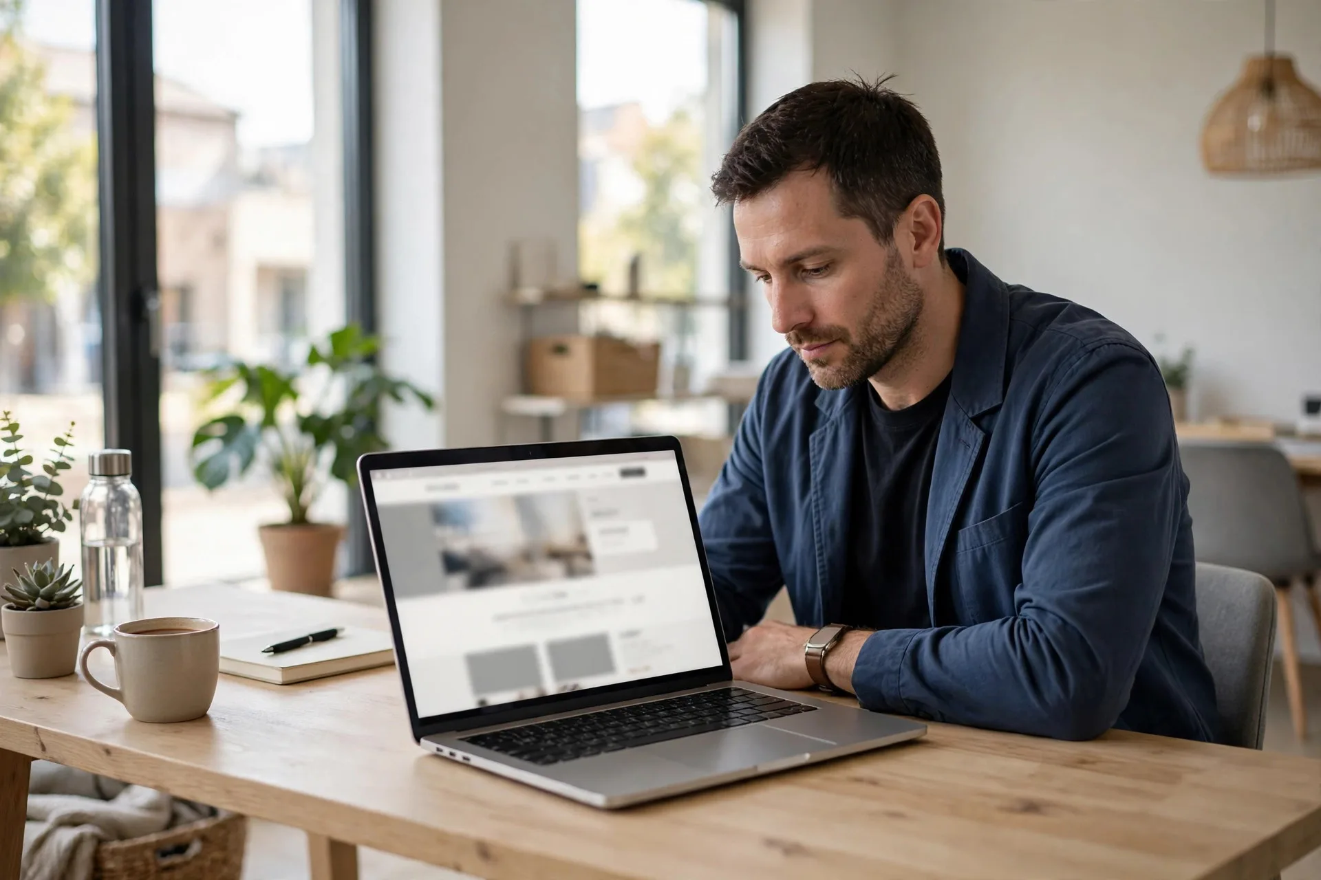 Small business owner reviewing the core pages of a website on a laptop in a bright modern office