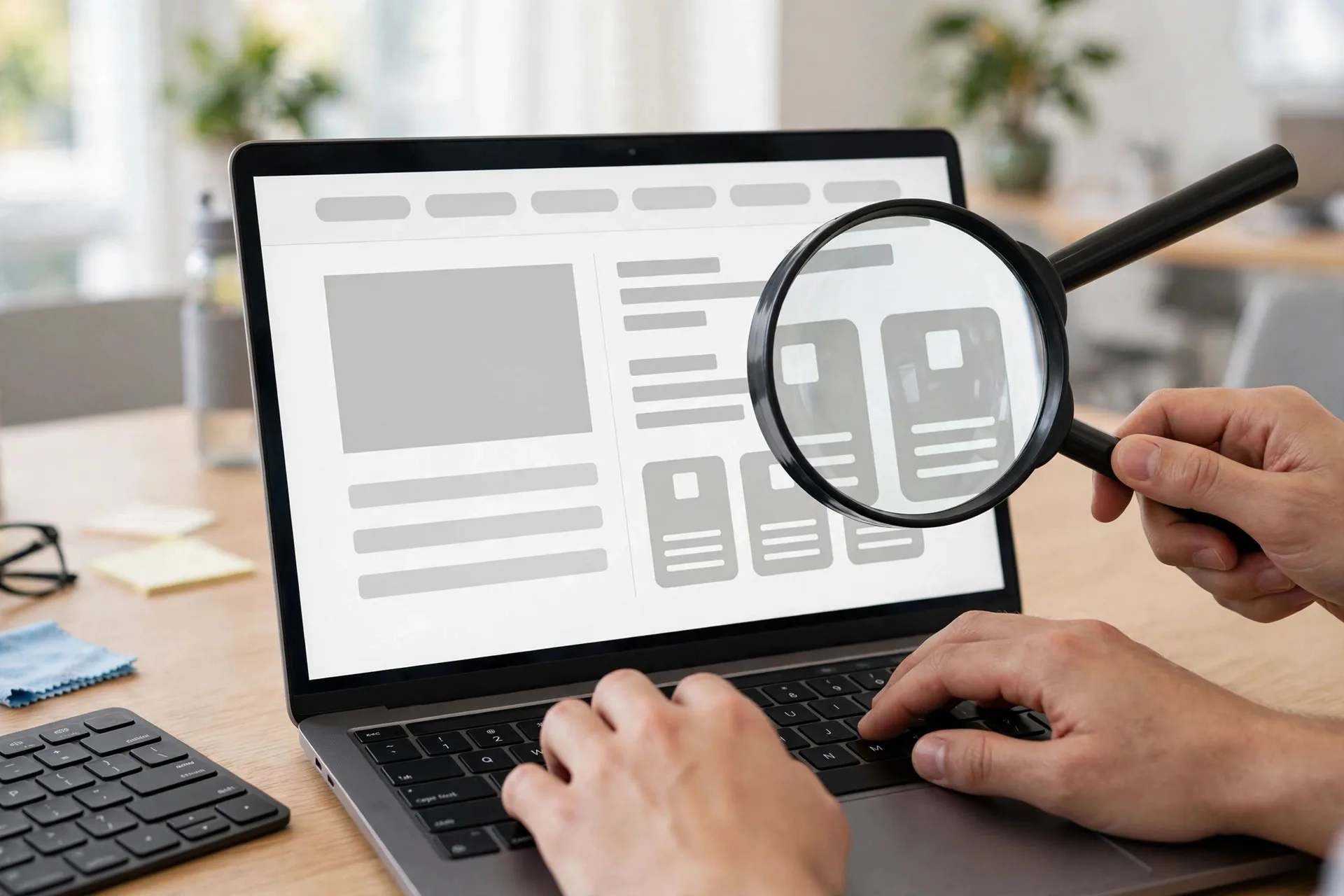 Visitor using a screen magnifier and keyboard to navigate a business website on a laptop