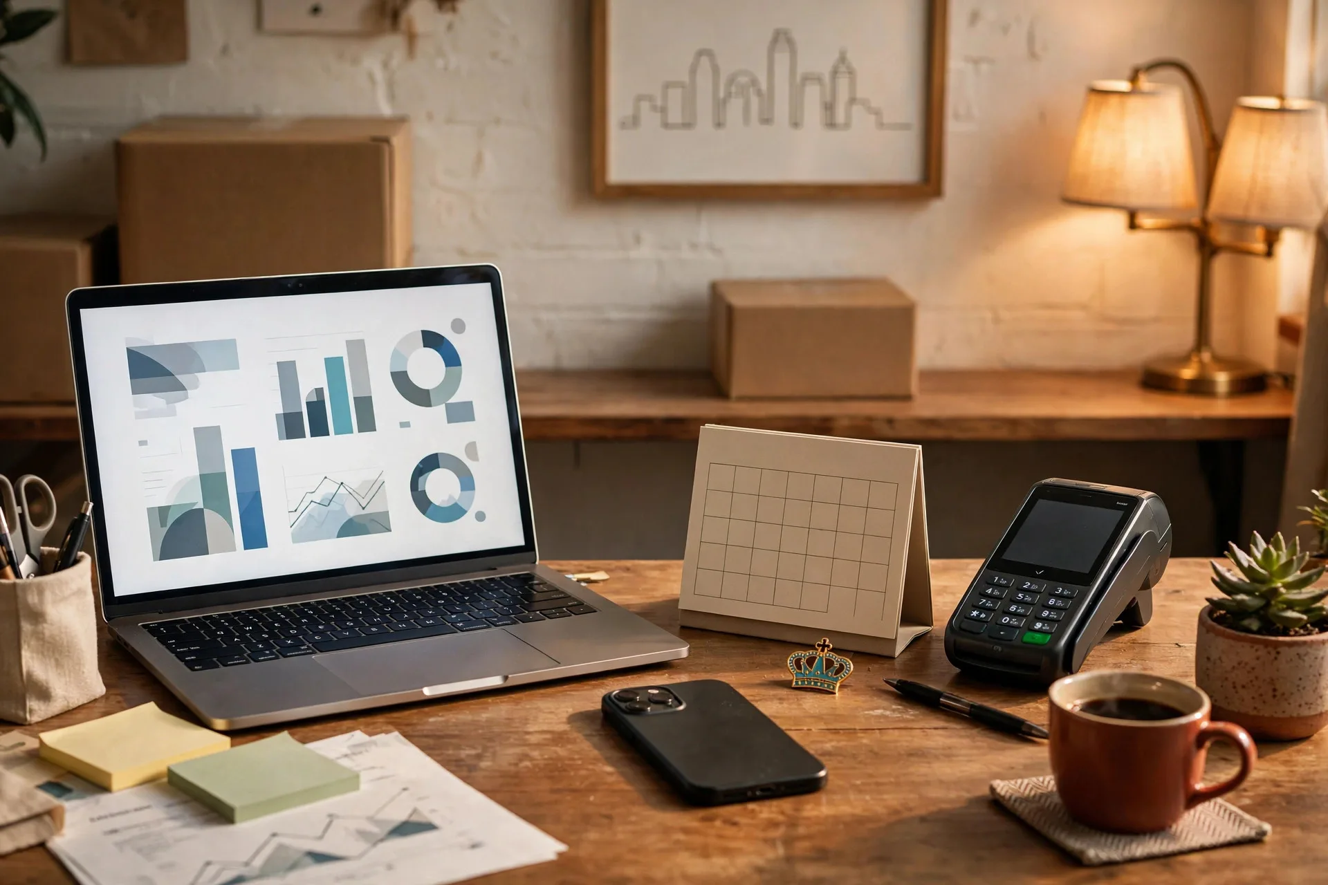 A small business desk with a laptop dashboard, phone, calendar, and payment terminal, representing tools connected through one website