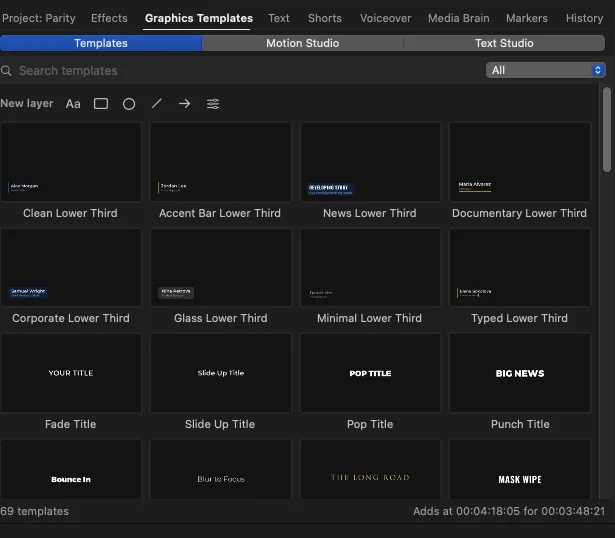 VLPremier Pro template browser showing lower third and title presets