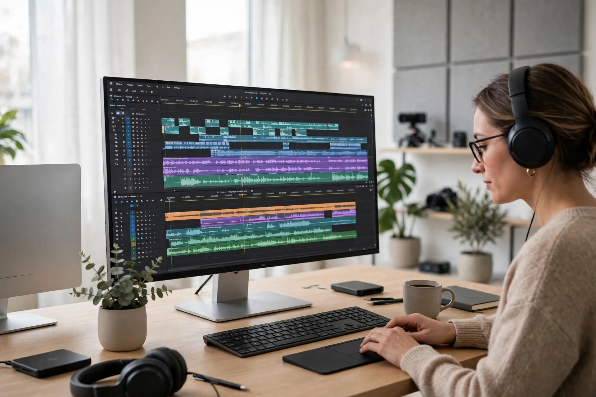 Video editor working on a long documentary timeline with captions and voiceover tracks on a Mac in a bright studio