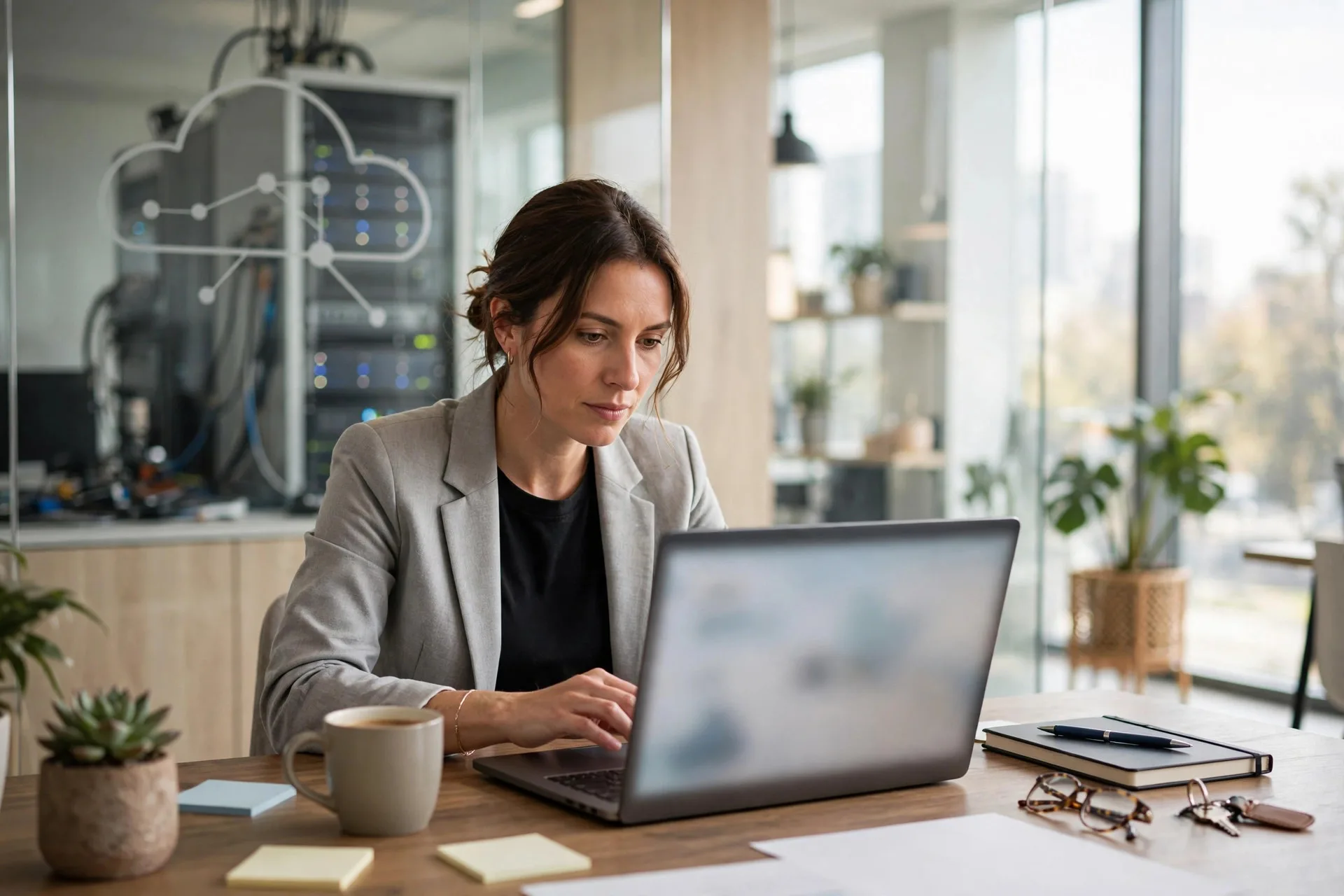 Business owner reviewing website hosting options on a laptop in a bright modern office