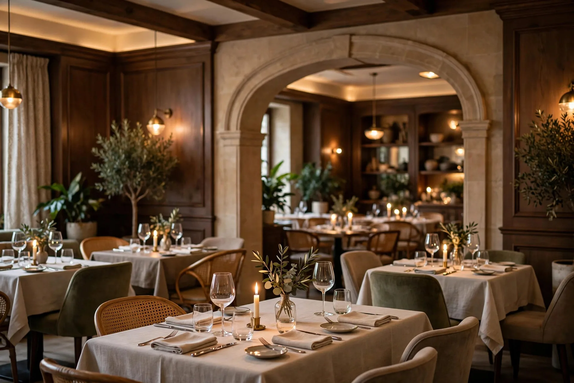 An elegant restaurant dining room with set tables and warm light, representing one brand served across multiple locations
