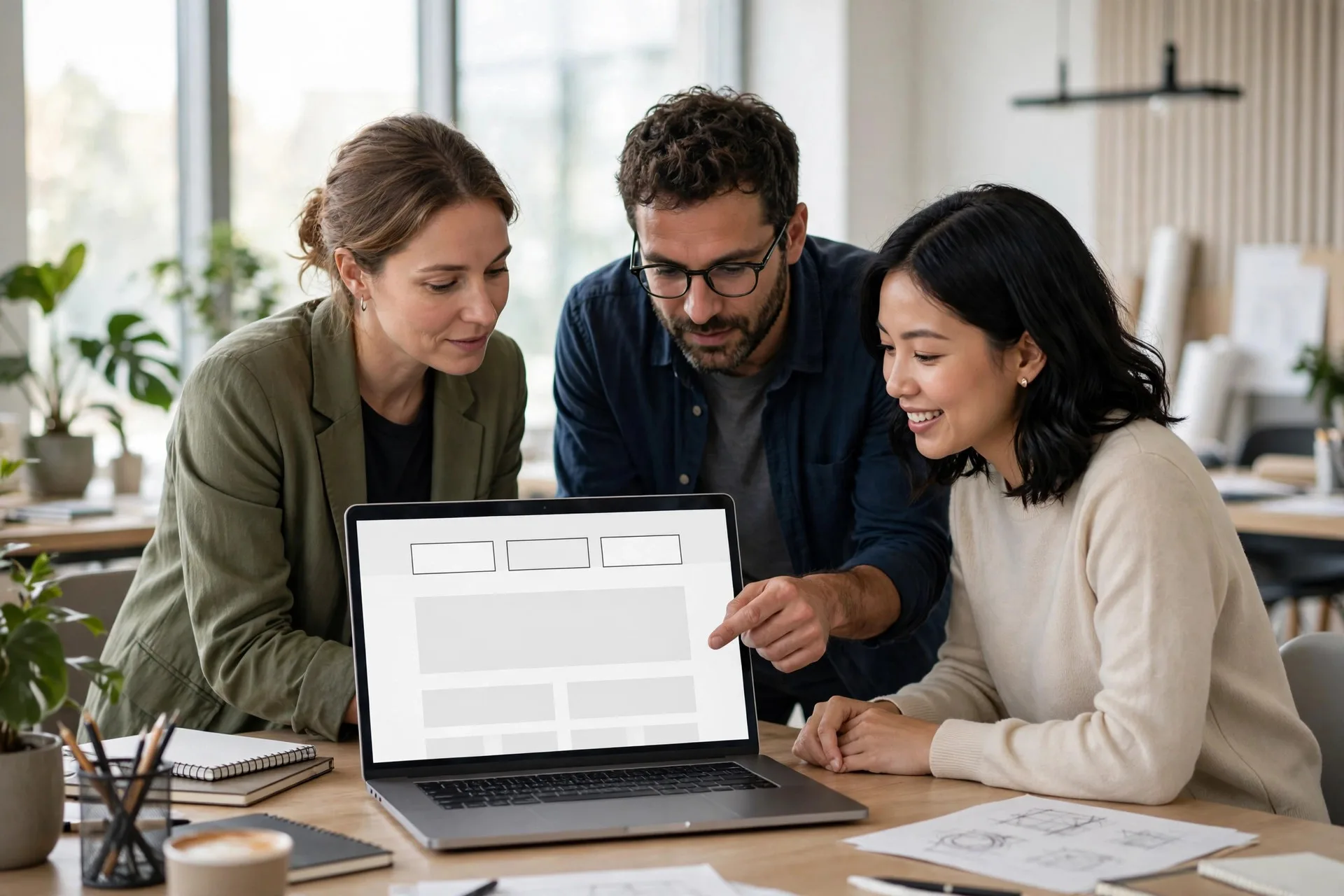 Small business team reviewing a clear website navigation menu on a laptop in a bright office