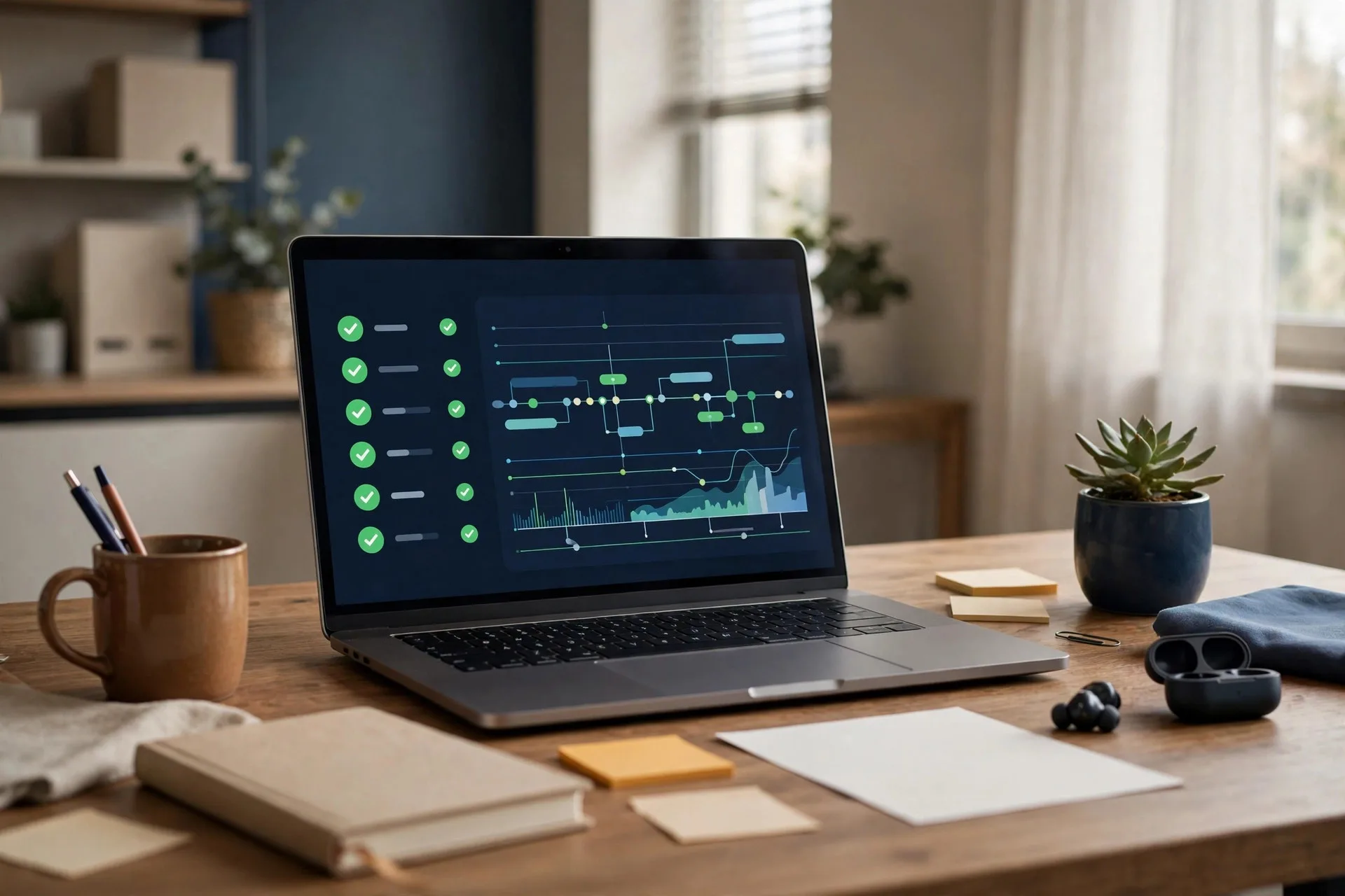 Business website recovery dashboard showing backup status and security checks on a laptop in a modern office