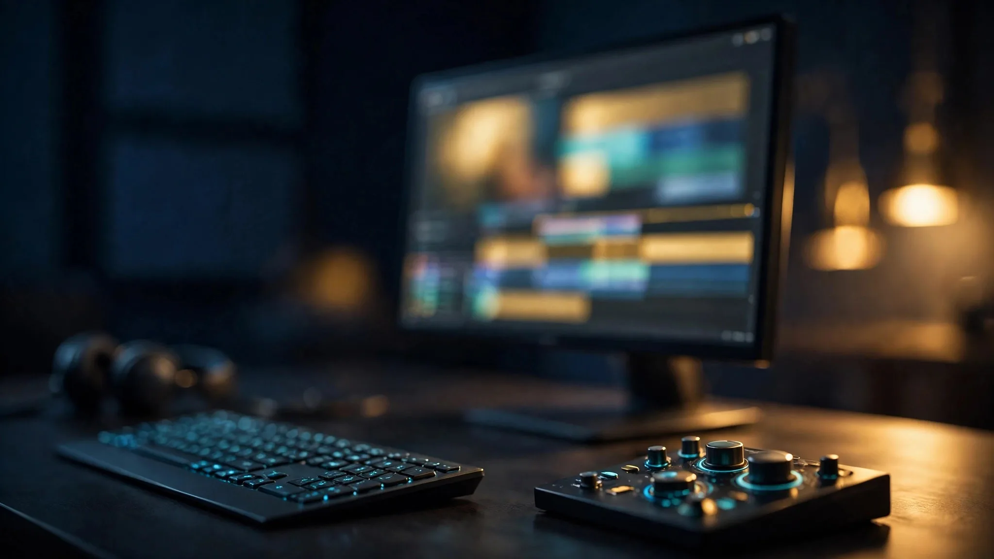 A professional video editing studio desk with a monitor showing a colorful editing timeline, backlit keyboard and control surface