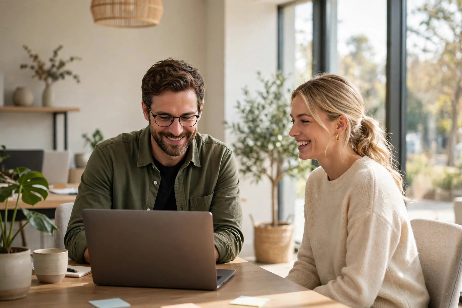 Small business owner reading positive customer reviews on a laptop in a bright office with a customer smiling nearby