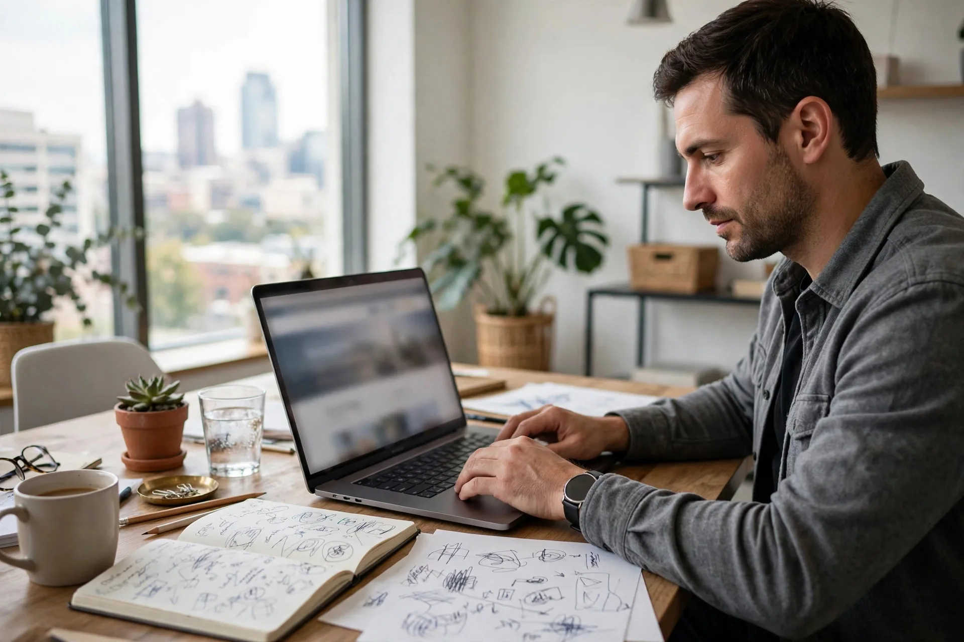 Business owner reviewing an outdated website on a laptop beside notes for a redesign