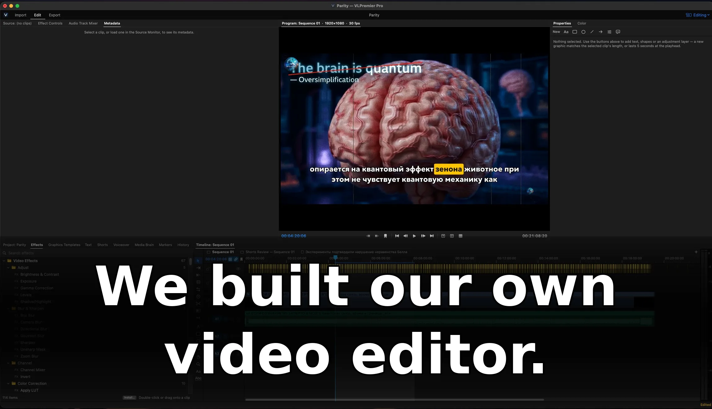 VLPremier Pro Mac video editor showing multi-track timeline, effects panel, and program monitor